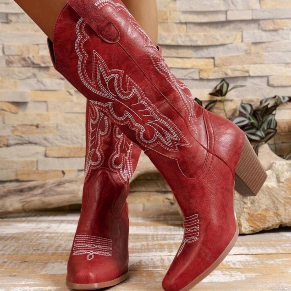 Women's Western Style Embroidered Mid-Calf Boots With Pointed Toe, Chunky Heel - Picture 3 of 4